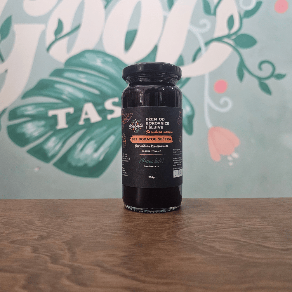 Beobašta - Voćni namaz od borovnice i šljive sa orahom i medom 250g 1 Beobašta - Džem od borovnice i šljive sa orahom i medom